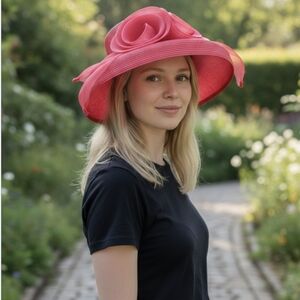 VTG August Hat Co. Red Sinamay Dress Hat – Architectural Rosette & Pearl Accents